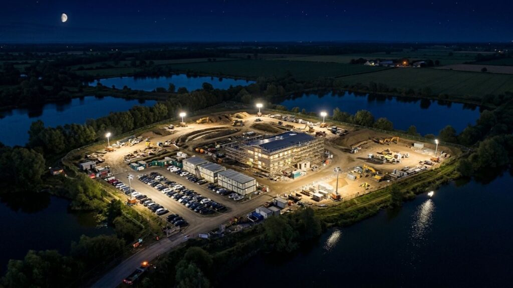 Evenly lit UK construction site perimeter at night showing complete lighting coverage with no dark spots