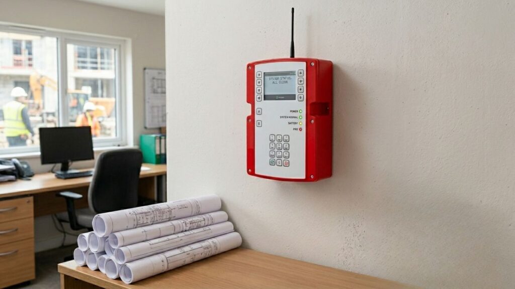 Modern fire alarm control panel installed in a UK construction site office