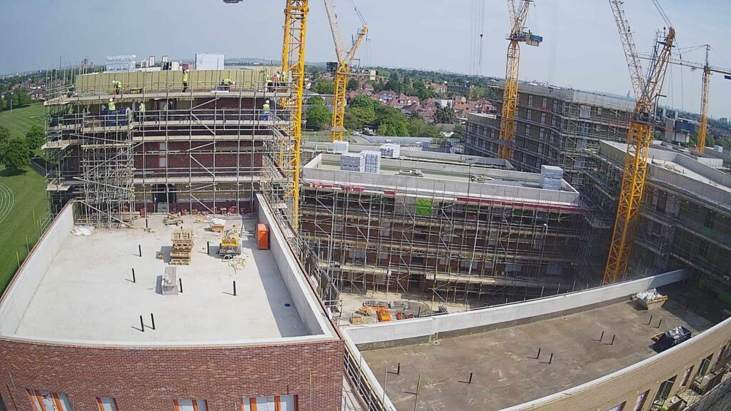 A photo of a construction site from a Timelapse camera, mid way through construction.