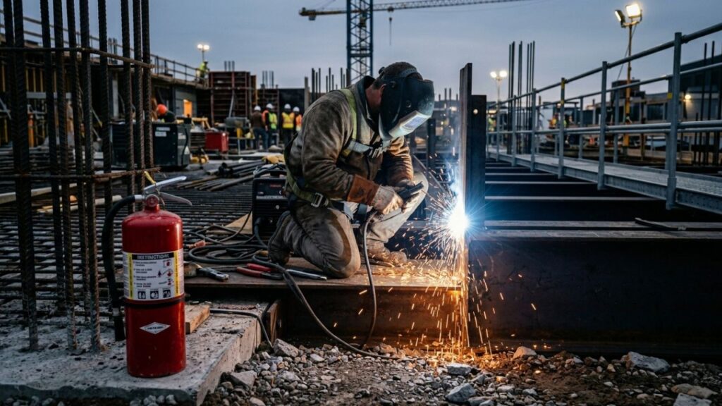 Construction worker carrying out hot works welding on site with fire extinguisher visible in foreground