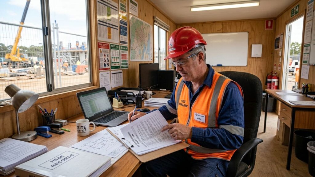 Site manager reviewing a fire risk assessment document on a UK construction site