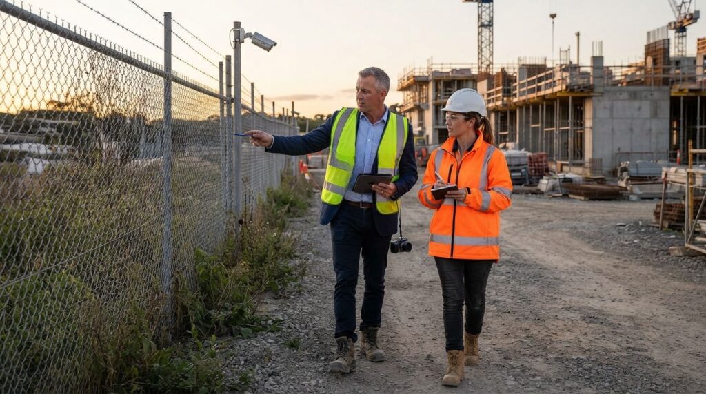 Security consultant and site manager walking a construction site perimeter during a security survey