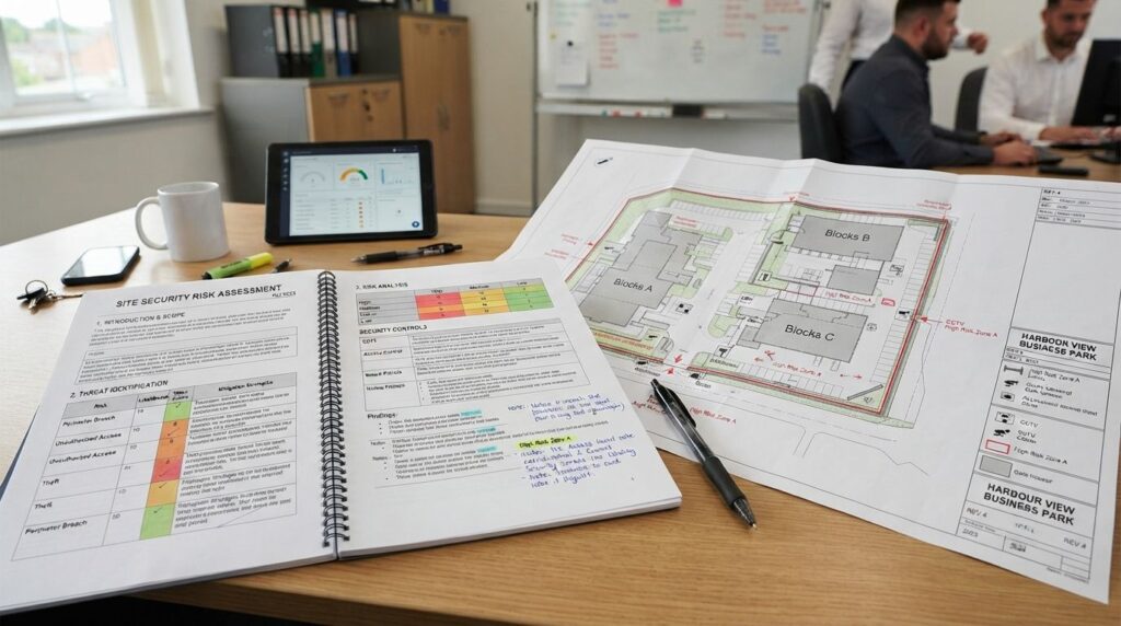 Site security risk assessment document and site plans on a desk for a UK construction project