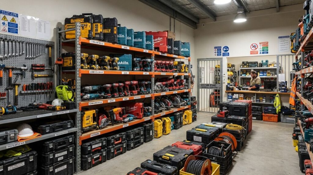 Construction site tool store interior showing high-value power tools and equipment at risk of theft