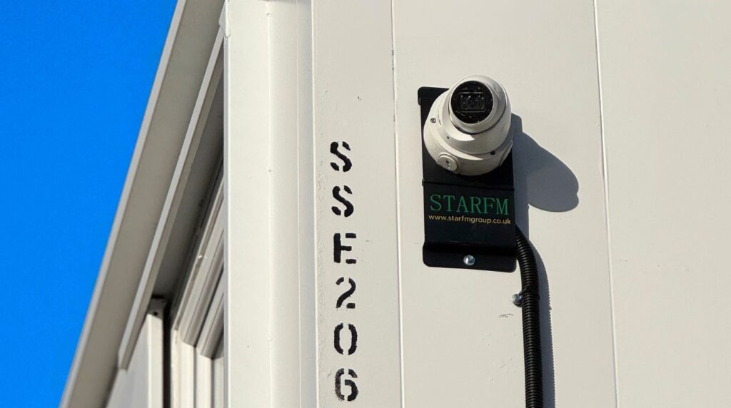 CCTV camera watching over a site cabin.