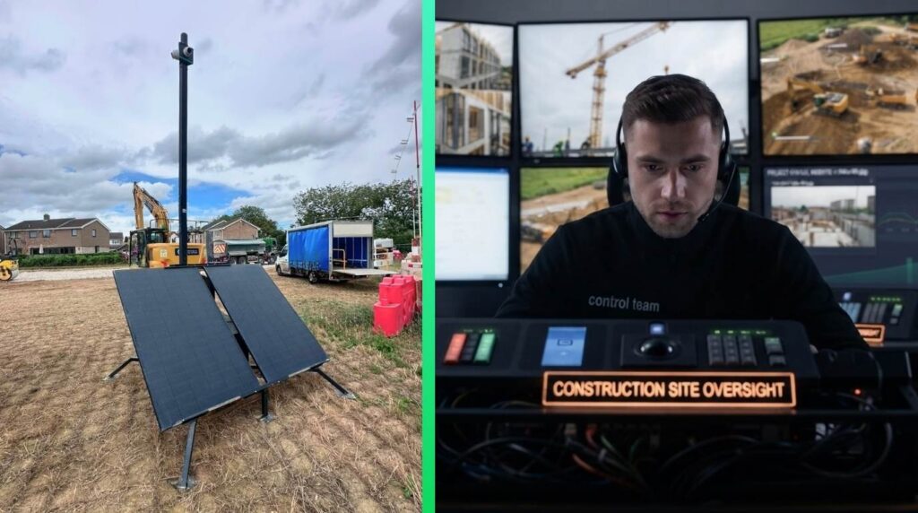 Split image showing rapid deployment CCTV tower on construction site and an ARC operator.