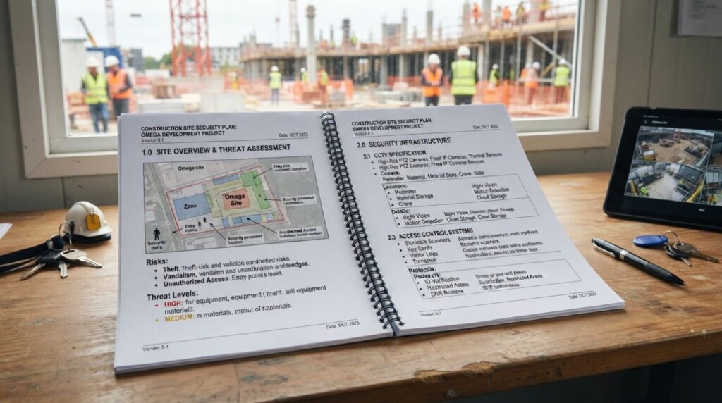 Construction site security plan document showing threat assessment and CCTV specification sections