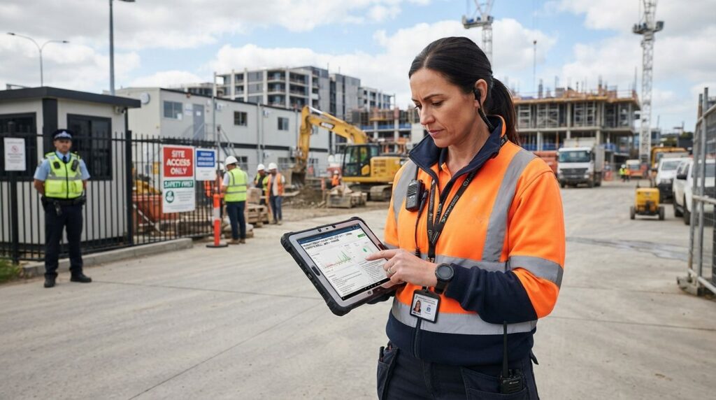 Site manager reviewing an incident report on a tablet following a construction site security alert