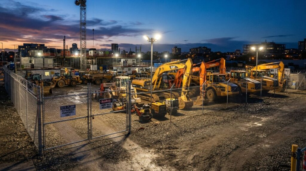 Construction site plant compound secured and well lit before a long bank holiday weekend