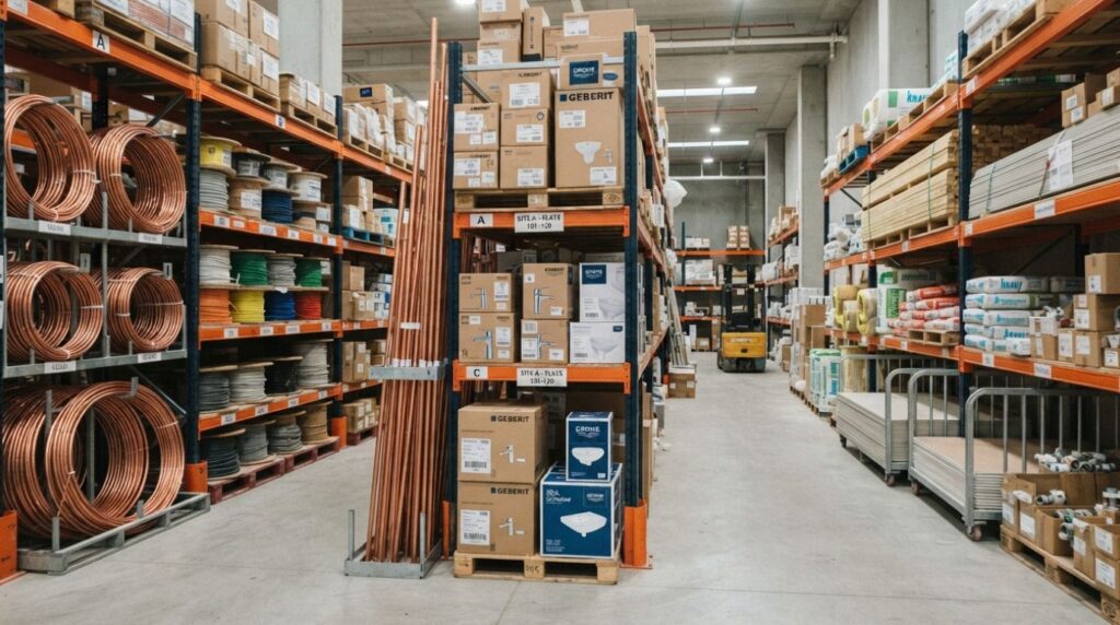 Fit-out materials including copper pipe, cable and boxed sanitaryware stored inside a partially completed building